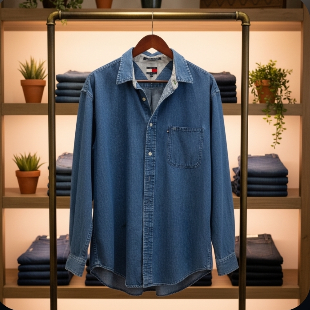 Tommy Hilfigure 100% Cotton Button Up Jean Denim Shirt Sz Large